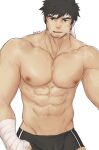  1boy abs absurdres bandaged_arm bandages bara black_hair bulge character_request check_character cowboy_shot dungeon_and_fighter facial_hair fighter_(dungeon_and_fighter) headband heavy_breathing highres kulolin large_pectorals long_sideburns looking_at_viewer male_focus mature_male muscular muscular_male navel nipples pectorals short_hair sideburns solo stomach stubble sweat thick_eyebrows topless_male 