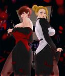  2girls artist_name back-to-back bare_shoulders blonde_hair blue_eyes breasts commentary_request dress earrings hair_bun hand_on_own_face highres holding jewelry large_breasts lips lipstick long_sleeves looking_at_viewer makeup mature_(kof) multiple_girls pantyhose petals red_eyes red_hair short_hair sideboob signature simple_background sk_(sk-g) skirt smile the_king_of_fighters the_king_of_fighters_&#039;96 vice_(kof) 