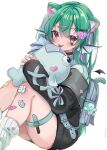  1girl :p animal_ear_fluff animal_ears backpack bag bandaid bandaid_on_knee bandaid_on_leg black_choker black_jacket blue_bag cat_ears choker facial_mark finana_ryugu fins green_hair hair_ornament hairclip head_fins heart heart_facial_mark highres jacket kano3 long_hair loose_socks nijisanji nijisanji_en purple_eyes socks solo stuffed_animal stuffed_fish stuffed_toy thigh_strap tongue tongue_out white_socks 