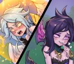  2girls angel_wings black_wings blush breasts cleavage colored_sclera feathered_wings furrowed_brow hair_between_eyes kayle_(league_of_legends) league_of_legends long_hair looking_at_another morgana_(league_of_legends) multiple_girls open_mouth outdoors phantom_ix_row pointy_ears purple_eyes purple_hair purple_sclera shield siblings sidelocks sisters teeth tree twins upper_body upper_teeth_only v-shaped_eyebrows white_hair white_wings wings yellow_eyes yellow_sclera 