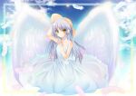  alternate_costume angel angel_beats! angel_wings arm_up bare_arms blue_sky blush bow closed_mouth cloud collarbone commentary dress dress_bow eyes_visible_through_hair falling_feathers feathered_wings feathers full_body hair_between_eyes hand_up hat hat_ribbon highres light_smile long_hair looking_at_viewer ralicejuri ribbon sitting sky straight_hair straw_hat sundress tachibana_kanade white_bow white_dress white_feathers white_hair white_ribbon white_wings wings yellow_eyes 