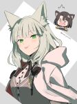  2girls :p angry animal_ear_fluff animal_ears arknights black_bow black_bowtie blush border bow bowtie breasts brown_dress brown_hair buttons cat_ears cat_girl chibi chibi_inset commentary_request cropped_torso dress green_eyes green_hair grey_background grey_vest harmonie_(arknights) hood hooded_jacket husui_parashi jacket light_blush looking_at_viewer mandragora_(arknights) medium_breasts multiple_girls open_mouth purple_eyes shirt short_hair simple_background tongue tongue_out twitter_username vest white_background white_jacket white_shirt 