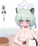  1boy 1girl absurdres animal_ears arona&#039;s_sensei_doodle_(blue_archive) blue_archive blue_eyes blue_halo blush breasts commentary english_commentary green_hair hair_between_eyes halo hetero highres large_breasts lulubelleiii naked_towel one_side_up onsen open_mouth sensei_(blue_archive) shigure_(blue_archive) short_hair spitting tongue tongue_out towel translated weasel_ears weasel_girl 