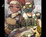  1boy 1girl \m/ animification apex_legends arm_tattoo artist_name belt black_gloves black_headwear black_pants black_shirt blue_gloves brown_belt brown_tank_top cable chinese_commentary cropped_shirt cropped_vest d.o.c._health_drone dark-skinned_female dark_skin dazeroyuu detached_sleeves fingerless_gloves freckles gloves goggles green_vest headband headset highres letterboxed lifeline_(apex_legends) looking_at_viewer mask mask_around_neck non-humanoid_robot octane_(apex_legends) pants red_eyes red_hair robot shirt smile tank_top tattoo v vest white_headband white_shirt 