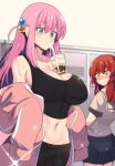  2girls absurdres black_tank_top blue_eyes blush bocchi_the_rock! breasts bubble_tea bubble_tea_challenge cleavage closed_mouth collarbone commentary cube_hair_ornament cup disposable_cup drinking drinking_straw drinking_straw_in_mouth english_commentary gotou_hitori gym_pants hair_between_eyes hair_ornament highres hinghoi jacket kita_ikuyo large_breasts locker locker_room long_hair looking_at_another looking_down multiple_girls navel object_on_breast pink_hair pink_jacket pink_track_suit school_uniform short_sleeves stomach tank_top track_jacket 