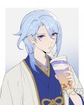  1boy blue_eyes blue_hair bubble_tea character_name cup disposable_cup drinking_straw drinking_straw_in_mouth genshin_impact hair_between_eyes highres holding holding_cup japanese_clothes kamisato_ayato looking_at_viewer male_focus rj_(lingshih10) simple_background solo upper_body wide_sleeves 