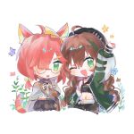  2girls ;d ahoge animal_ears arknights beret black_headwear black_pants bow braid brown_hair chibi commentary_request cuora_(arknights) ear_bow glasses green_eyes green_jacket hair_between_eyes hair_over_one_eye hat jacket long_hair long_sleeves low_twintails multicolored_hair multiple_girls myrrh_(arknights) navel one_eye_closed open_clothes open_jacket pants pink_hair puffy_long_sleeves puffy_sleeves simple_background smile streaked_hair striped_tail tail tuerxueningfeixiaoyao twin_braids twintails very_long_hair white_background yellow_bow 