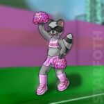  cheerleader cheerleader_outfit clothed clothing crossdressing footwear male mammal procyonid raccoon rubber rubber_clothing shoes sneakers star_art_hd union_city 