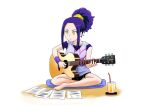  1girl alternate_hairstyle barefoot black_shorts blue_tank_top cup drinking_glass drinking_straw guitar hair_ornament hair_scrunchie hair_up highres holding holding_instrument indian_style instrument juice kurokawa_eren medium_hair music on_pillow paper parted_lips pillow playing_instrument ponytail precure purple_hair purple_shirt satou_yasu scrunchie shirt short_shorts shorts sidelocks simple_background sitting sleeveless sleeveless_shirt solo suite_precure tank_top white_background wristband yellow_eyes yellow_scrunchie 