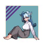  1girl barefoot blue_eyes blue_hair blue_wings elira_pendora elira_pendora_(3rd_costume) full_body gogibahp grey_skirt head_wings heterochromia long_hair long_skirt multicolored_hair nijisanji nijisanji_en official_alternate_costume pixel_art purple_eyes skirt smile solo sweater virtual_youtuber white_hair white_sweater wings 