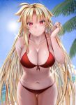 1girl beach bikini blonde_hair breasts cleavage closed_mouth collarbone commentary day fate_testarossa highres large_breasts leaning_forward long_hair looking_at_viewer lyrical_nanoha mahou_shoujo_lyrical_nanoha_strikers navel ocean palm_leaf red_bikini red_eyes smile solo sougetsu_izuki standing swimsuit very_long_hair water 