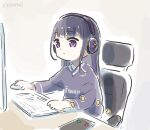  1girl alternate_costume artist_name at_computer blunt_bangs cellphone chair chibi clothes_writing commentary contemporary english_commentary genshin_impact headphones keyboard_(computer) long_hair looking_at_phone mouse_(computer) office_chair phone purple_eyes purple_hair raiden_shogun sidelocks smartphone solo sound_effects swivel_chair xinzoruo 