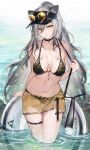  1girl absurdres alternate_costume arknights bad_id bad_twitter_id bare_shoulders bikini black_bikini black_choker black_headwear blush breasts choker cleavage collarbone grey_hair hair_between_eyes highres innertube large_breasts long_hair looking_at_viewer navel outdoors paid_reward_available parted_lips partially_submerged ponytail qiandaiyiyu revision schwarz_(arknights) see-through see-through_skirt skirt solo standing stomach swimsuit thigh_gap thigh_strap thighs visor_cap water yellow_eyes yellow_skirt 