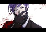  1boy black_gloves black_jacket black_sweater blood blood_on_face brown_eyes collared_shirt commentary_request gloves hand_on_own_face highres jacket lobotomy_corporation long_sleeves male_focus necktie open_mouth project_moon purple_hair purple_necktie ribbed_sweater sakuya_996 shirt short_hair solo sweater turtleneck turtleneck_sweater white_shirt yesod_(project_moon) 