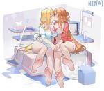  2girls alice_zuberg asuna_(sao) asymmetrical_docking bare_legs barefoot bed blonde_hair blue_dress blue_pajamas blue_panties bra breast_press breasts brown_hair closed_eyes dress feet foot_focus full_body hair_ornament hairclip highres holding_hands kiss long_hair looking_at_another medium_breasts multiple_girls navel ninai pajamas panties pillow red_bra red_dress red_panties sleepwear soles sword_art_online sword_art_online:_alicization toes underwear very_long_hair yuri 