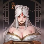  1girl bare_shoulders choker commentary_request genshin_impact hair_ornament hair_stick highres long_hair ningguang_(genshin_impact) notgustiarp off_shoulder open_mouth red_eyes robe solo upper_body very_long_hair white_hair white_robe 