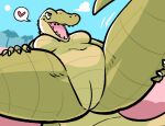  &lt;3 anthro breasts crocodilian dubindore female genitals green_body green_scales hi_res lying non-mammal_breasts nude on_back open_mouth outside presenting presenting_pussy pussy reptile scales scalie sharp_teeth sky solo spread_legs spreading teeth thick_thighs 