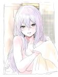  1girl blush breasts drying drying_body goddess_of_victory:_nikke grey_hair hair_between_eyes highres holding holding_towel indoors long_hair looking_at_viewer medium_breasts nude nuko609 parted_lips scarlet_(nikke) sketch solo towel wet yellow_eyes 