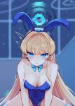  1girl animal_ears arms_between_legs bare_shoulders blonde_hair blue_archive blue_bow blue_bowtie blue_eyes blue_leotard blush bow bowtie breasts chaoschao cleavage covered_navel english_commentary halo headset highres implied_sex legs_apart leotard long_hair looking_at_viewer medium_breasts motion_lines no_bra open_mouth playboy_bunny rabbit_ears solo straddling thighhighs toki_(blue_archive) toki_(bunny)_(blue_archive) trembling very_long_hair 