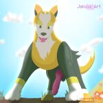  absurd_res big_penis bodily_fluids boltund canid canine erection feral generation_8_pokemon genital_fluids genitals hi_res jakuya_art looking_at_viewer male mammal nintendo open_mouth paws penis pokemon pokemon_(species) precum sky solo standing_over tail tongue tongue_out 