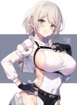  1girl adelaide_bluthausen alice_gear_aegis belt black_gloves blue_eyes blush braid breasts closed_mouth commentary_request covered_navel gloves grey_hair hand_on_own_chest hand_on_own_hip highres kakerayuri large_breasts long_hair looking_at_viewer shrug_(clothing) sideboob signature single_braid smile solo white_sleeves 