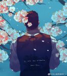  1boy back back_focus bara black_hair collared_shirt english_text falling_petals floral_background flower_request from_behind highres male_focus original petals r.l_(2089184064) shirt short_hair solo upper_body 