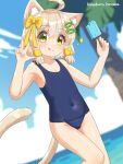  1girl :q ahoge animal_ear_fluff animal_ears armpits arms_up artist_name beach blonde_hair blue_one-piece_swimsuit bow cat_ears cat_girl cat_tail cloud covered_navel food green_eyes hair_bow hair_ornament hairclip hazakura_hinata highres looking_at_viewer ocean old_school_swimsuit one-piece_swimsuit original popsicle ribbon school_swimsuit short_hair sky smile solo swimsuit tail thighs tongue tongue_out tree v 