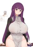  2girls blunt_bangs breasts expressionless fern_(sousou_no_frieren) frieren highres huge_breasts large_breasts long_hair looking_at_viewer multiple_girls panana pointy_ears purple_eyes purple_hair sousou_no_frieren thick_thighs thighs 