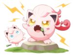  :&lt; blue_eyes blush blush_stickers closed_eyes fangs grass highres holding holding_microphone jigglypuff loud microphone monaka_(hc_pkmn) music no_humans open_mouth pokemon pokemon_(creature) rock scream_tail simple_background singing standing tongue trembling v-shaped_eyebrows white_background wide-eyed yellow_eyes 