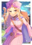  &gt;:( 1girl absurdres bangs blonde_hair blue_sky blurry blurry_background blush bow_(weapon) breasts brown_eyes cape cloud commission day depth_of_field dress forehead highres kou_hiyoyo light_frown long_hair long_sleeves looking_at_viewer medium_breasts original parted_bangs pink_dress pink_headwear pixiv_commission purple_cape shield sky sleeves_past_wrists solo v-shaped_eyebrows very_long_hair weapon 