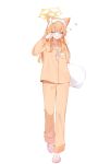  1girl alternate_costume animal_ear_fluff animal_ears aoitsuki blue_archive blue_eyes bow bow_hairband commentary fox_ears full_body hair_between_eyes hairband halo highres holding holding_pillow long_hair mari_(blue_archive) orange_hair orange_pajamas orange_pants orange_shirt pajamas pants pillow pink_footwear shirt simple_background slippers solo symbol-only_commentary toothbrush_in_mouth white_background white_bow white_hairband yellow_halo 