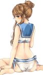  1girl ass back bare_shoulders barefoot bikini blue_sailor_collar blush breasts brown_eyes brown_hair closed_mouth from_behind gatsby_ssl hair_bun hand_on_own_foot highres idolmaster idolmaster_million_live! idolmaster_million_live!_theater_days long_hair looking_at_viewer looking_back medium_breasts sailor_bikini sailor_collar sailor_swimsuit_(idolmaster) side-tie_bikini_bottom sidelocks simple_background single_hair_bun sitting smile solo sweat swimsuit tenkubashi_tomoka wariza white_background white_bikini 