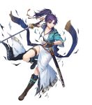  1girl boots fingerless_gloves fir_(fire_emblem) fire_emblem fire_emblem:_the_binding_blade fire_emblem_heroes full_body gloves highres japanese_clothes kiyu_(zuyu) knee_boots long_hair non-web_source obi official_art ponytail purple_eyes purple_hair sash short_sleeves solo sword thigh_strap transparent_background weapon 