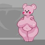  animate_inanimate anthro bald_female beady_eyes bear bed bed_sheet bedding belly big_breasts blush breasts dubiousdunk female fur furniture hand_on_breast hi_res huge_breasts mammal navel nipple_outline nipples overweight patchwork_creature pink_body pink_fur plushie seam_(sewing) simple_background smile solo solo_focus standing stitch_(sewing) teddy_bear thick_thighs 