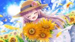  1girl alternate_hairstyle bare_shoulders bee blue_bow blue_ribbon blue_sky bow bug closed_eyes cloud cloudy_sky collarbone day dot_nose dress dutch_angle fang field film_grain flower flower_field game_cg happy hat hat_bow hat_flower hat_ribbon holding holding_flower izumi_tsubasu lens_flare long_hair misaki_sango non-circular_lens_flare non-web_source off-shoulder_dress off_shoulder official_art open_mouth outdoors petals purple_flower purple_hair re:stage! ribbon sky smile solo sparkle straw_hat sun sunflower sunflower_field white_bow white_dress yellow_flower 
