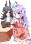  2girls absurdres animal_ears black_hair blue_jacket blush bow bowl chopsticks cushion ear_bow food food_in_mouth hair_over_one_eye haruyuki_(gffewuoutgblubh) hat highres holding holding_bowl holding_chopsticks holding_food horse_ears horse_girl horse_tail jacket kotatsu long_hair looking_at_viewer mejiro_mcqueen_(umamusume) mochi mochi_trail multiple_girls purple_eyes purple_hair red_jacket rice_shower_(umamusume) shirt simple_background sitting sweatdrop table tail umamusume white_background white_shirt zabuton zouni_soup 