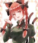  1girl :d animal_ears aridamikannn black_bow bow cat_day cat_ears cat_tail dress extra_ears fangs floral_print green_dress highres kaenbyou_rin multiple_tails open_mouth paw_pose red_eyes red_hair smile solo tail touhou two_tails 