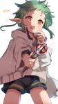  1girl :o black_shorts elf green_hair highres holding holding_wand hood hooded_jacket jacket mushoku_tensei open_mouth pointy_ears red_eyes short_hair shorts solo sylphiette_(mushoku_tensei) un-c wand white_background white_jacket 