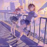  brown_eyes brown_footwear brown_hair brown_vest can full_body gradient_sky grey_skirt highres holding holding_can loafers long_hair loose_socks majiang misaka_mikoto outdoors pleated_skirt railing school_uniform shirai_kuroko shoes short_hair shorts shorts_under_skirt skirt sky socks soda_can summer_uniform sunset sweater_vest toaru_kagaku_no_railgun toaru_majutsu_no_index tokiwadai_school_uniform twintails vest white_socks wind_turbine 