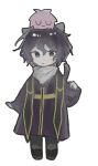  1boy animal_ears black_eyes black_footwear black_hair black_pants cat_boy cat_ears cat_tail colored_skin grey_skin hand_up hatsutori_hajime highres kemonomimi_mode long_sleeves male_focus no_nose no_sclera pants purple_robe renlei_laiji robe saibou_shinkyoku shirt short_hair simple_background stole tail utsugi_noriyuki white_background white_shirt 