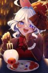  ahoge alternate_costume blue_eyes blush eyeball feeding food fork furina_(genshin_impact) genshin_impact gloves halloween halloween_costume hat highres holding holding_fork looking_at_viewer open_mouth plate silk spider_web top_hat tp-sakura-k white_hair 