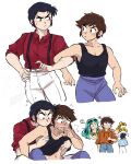  1girl 2boys black_tank_top blue_pants duck_etc highres lum male_focus mendou_shuutarou moroboshi_ataru multiple_boys pants smile tank_top urusei_yatsura white_pants yaoi 