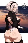  2b_(nier:automata) ass back backless_outfit black_hairband blue_eyes blush boots clothing_cutout dizzle feather-trimmed_sleeves gloves hairband highres huge_ass leotard looking_at_viewer nier nier_(series) no_blindfold red_lips short_hair thighhighs thighhighs_under_boots thong_leotard white_hair white_leotard 