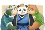  anthro asian_clothing bear belly blush canid canine canis clothing domestic_dog east_asian_clothing eyebrows eyewear fur giant_panda glasses green_body green_fur group headphones headphones_around_neck hi_res japanese_clothing kimono kissing_cheek lifewonders live_a_hero male male/male mammal mokdai overweight thick_eyebrows timaki_z tokyo_afterschool_summoners trio volos 