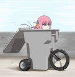  1girl blue_eyes blurry blurry_background bocchi_the_rock! chris_rollins cube_hair_ornament floating_hair gotoh_hitori hair_ornament head_only in_trash_can long_hair maaranto motion_blur pink_hair riding_tricycle unconventional_vehicle wheel 