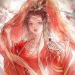  1girl artist_request blue_eyes brown_hair circlet doupo_cangqiong dress earrings highres holding_veil jacket jewelry long_hair long_sleeves necklace parted_lips red_dress red_jacket red_nails second-party_source solo teeth tiara upper_body veil yun_yun_(doupo_cangqiong) 