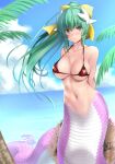  1girl arms_behind_back beach bikini blush bow breasts cloud collarbone day fate/grand_order fate_(series) green_hair groin hair_bow hat headwear_removed horns kirisaki_byakko kiyohime_(fate) lamia large_breasts looking_at_viewer monster_girl monsterification navel ocean outdoors palm_tree ponytail smile solo straw_hat swimsuit tree wind yellow_bow 