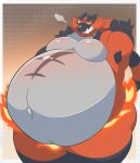  0907_kapi 2023 absurd_res anthro armpit_hair biped body_hair digital_media_(artwork) domestic_cat felid feline felis generation_7_pokemon hi_res huge_belly incineroar looking_at_viewer male mammal navel nintendo nude overweight overweight_male pokemon pokemon_(species) simple_background smile solo thick_thighs wide_hips 