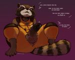  2023 anthro balls bodily_fluids brown_body brown_fur clothing dialogue english_text fur genital_fluids genitals guardians_of_the_galaxy hi_res latchk3y looking_at_viewer male mammal marvel penis precum procyonid raccoon rocket_raccoon simple_background solo talking_to_viewer text torn_clothing 