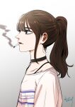  1boy beautiful_gunbari black_choker brown_eyes brown_hair choker cigarette gradient_background jelani_(pixiv_81741710) long_hair mouth_hold ponytail ryu_da-hee shirt sidelocks simple_background smoking solo upper_body white_shirt 